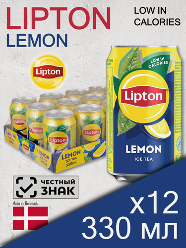 Изображение товара Lipton Lemon, 0.33 л, 12 шт, классическая банка (холодный чай Липтон Лимон, низкокалорийный, Дания)
