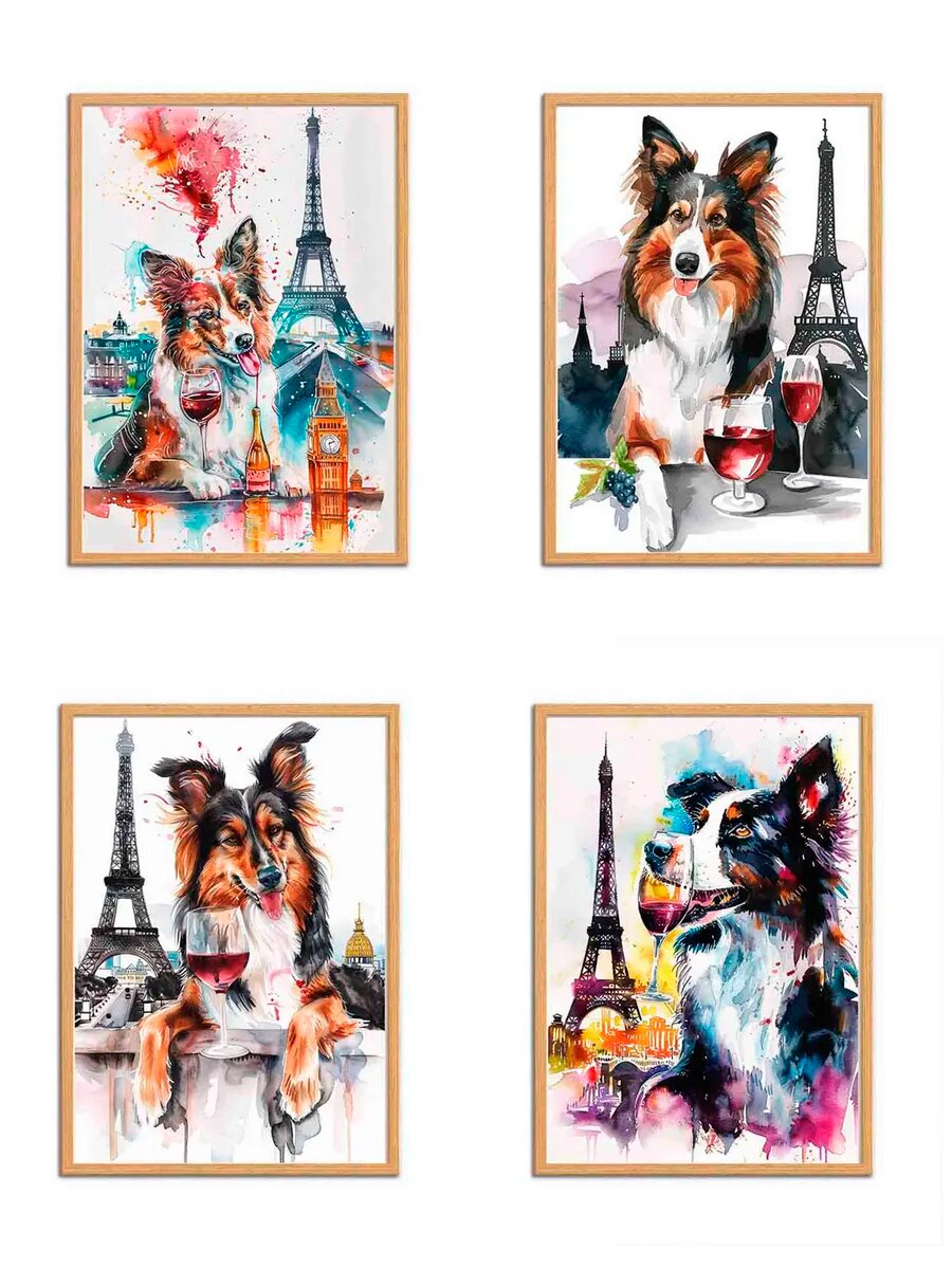 Шотландский колли Пьет Вино, 4 Плаката, 30x21см
