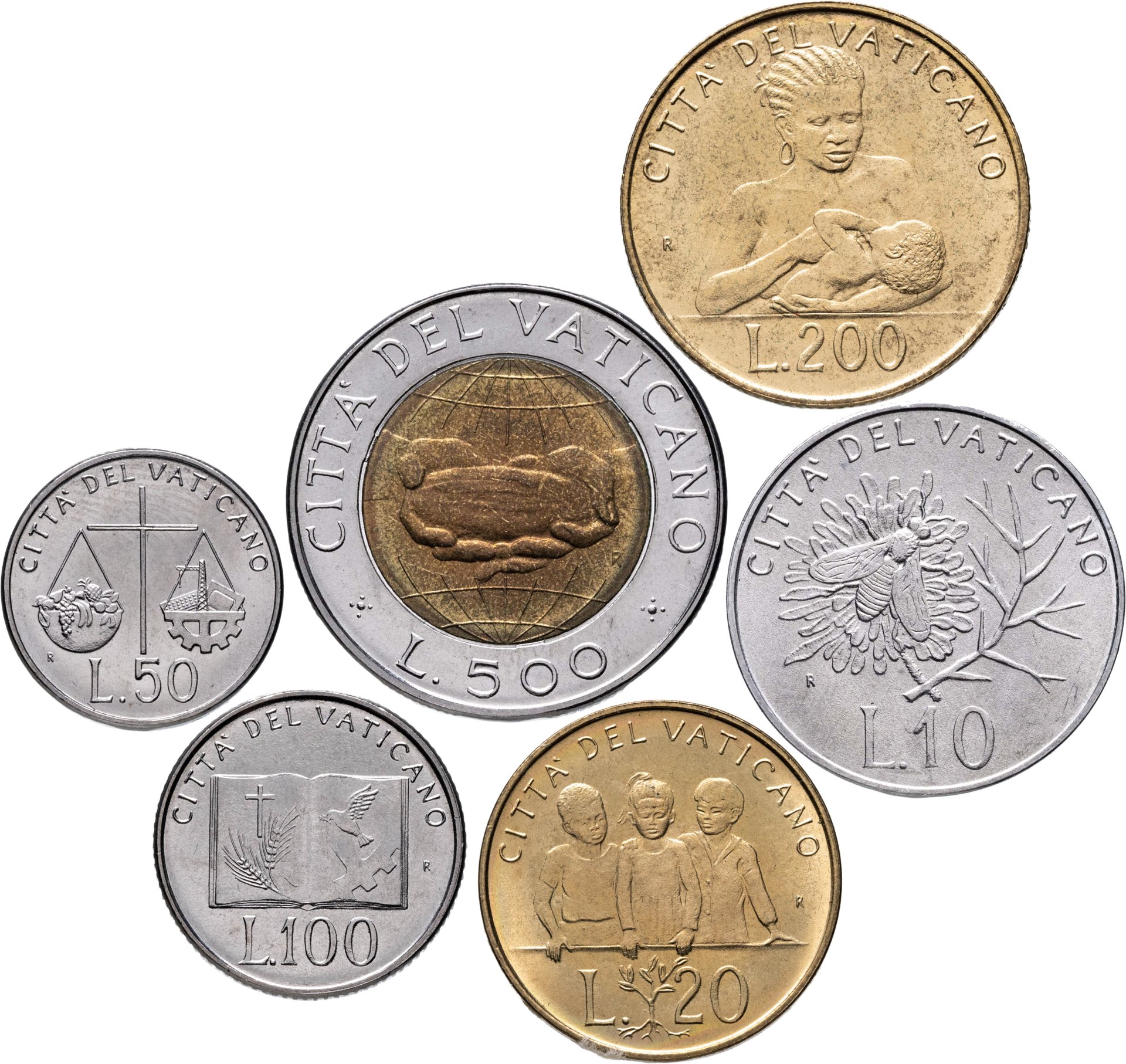 Ватикан набор из 6 монет 1992 10, 20, 50, 100, 200, 500, в сохранности UNC