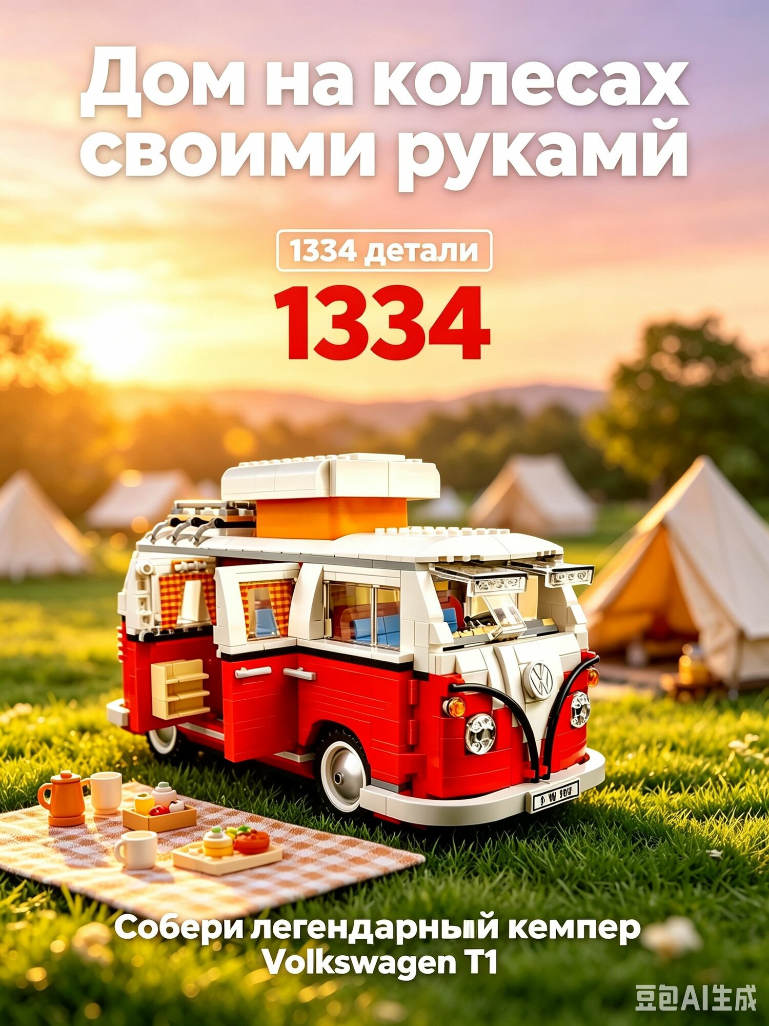 Конструктор Техник Туристический трейлер Фольксваген T1 1334 деталей, Совместим с Lego, Для мальчиков