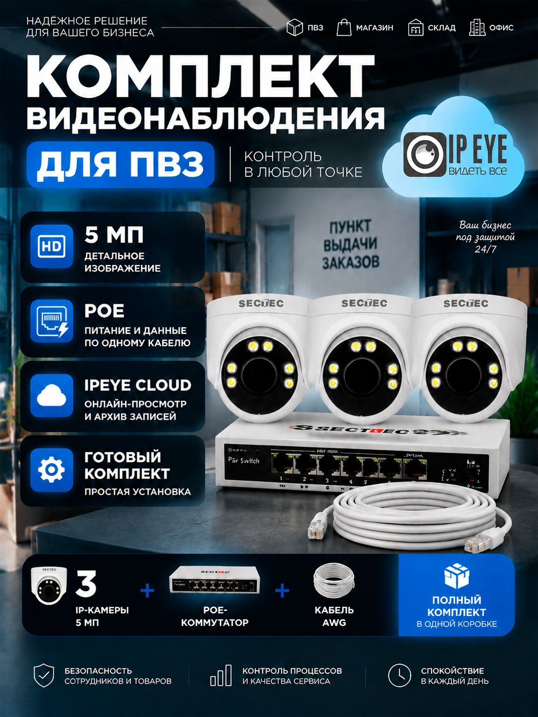 Комплект видеонаблюдения для ПВЗ IPEYE 3 камеры 5 МП