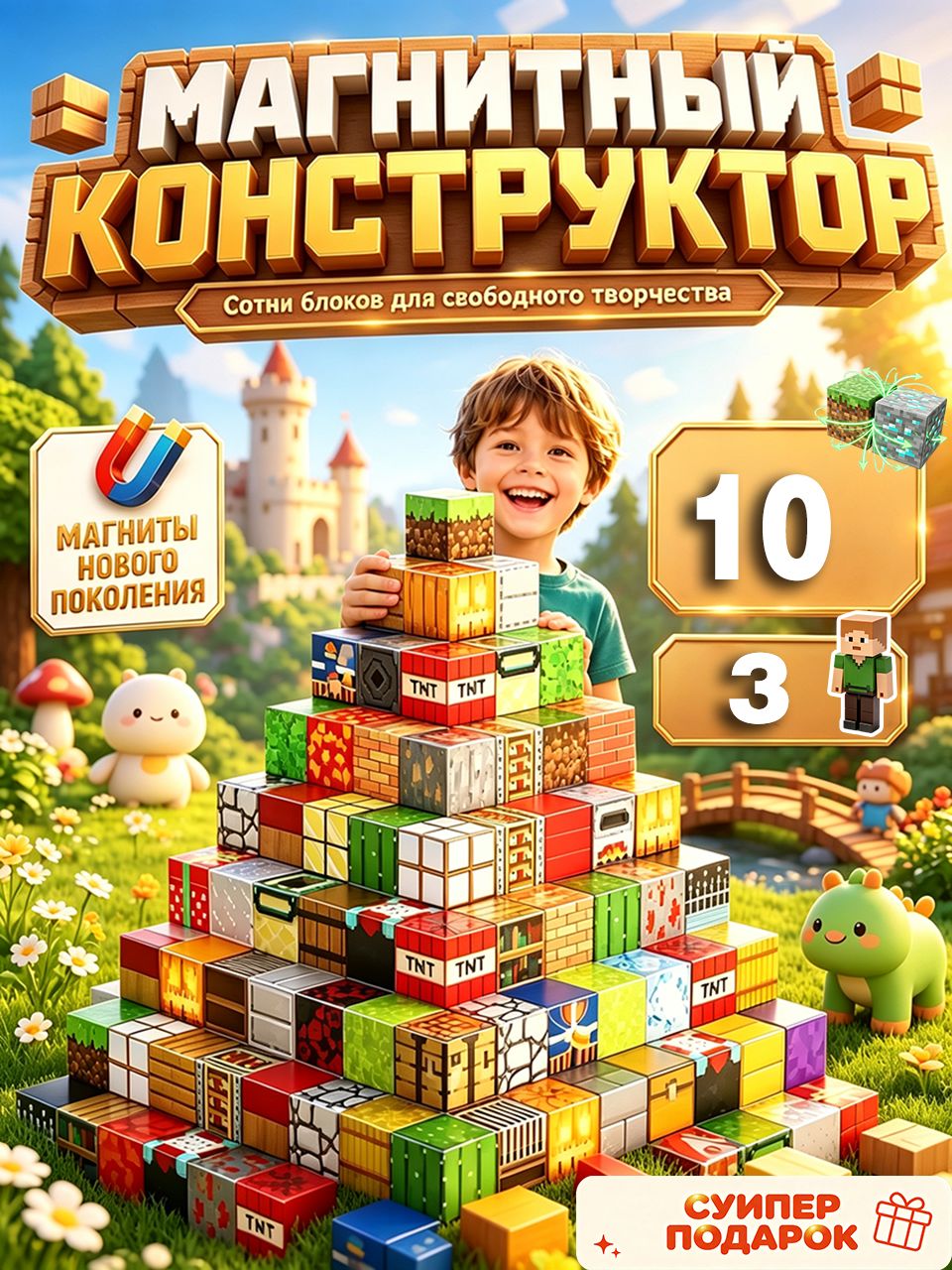 Магнитный (Minecraft). 10 кубиков + 3 фигурок майнкрафт. Магнитные кубики. Подарок. Конструктор.