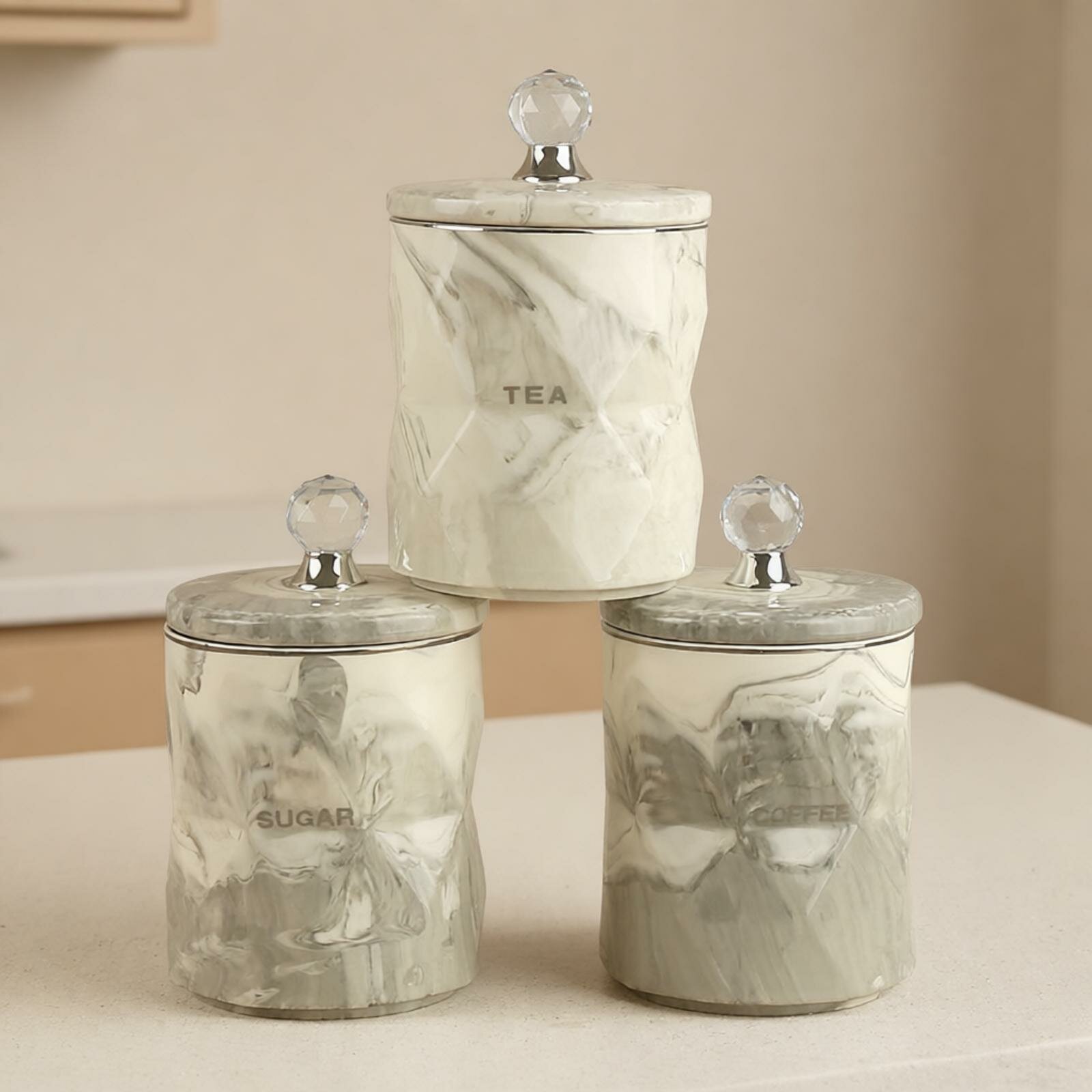 3 Pieces Marble Print Tea Coffee Sugar Canisters Kitchen Supplies