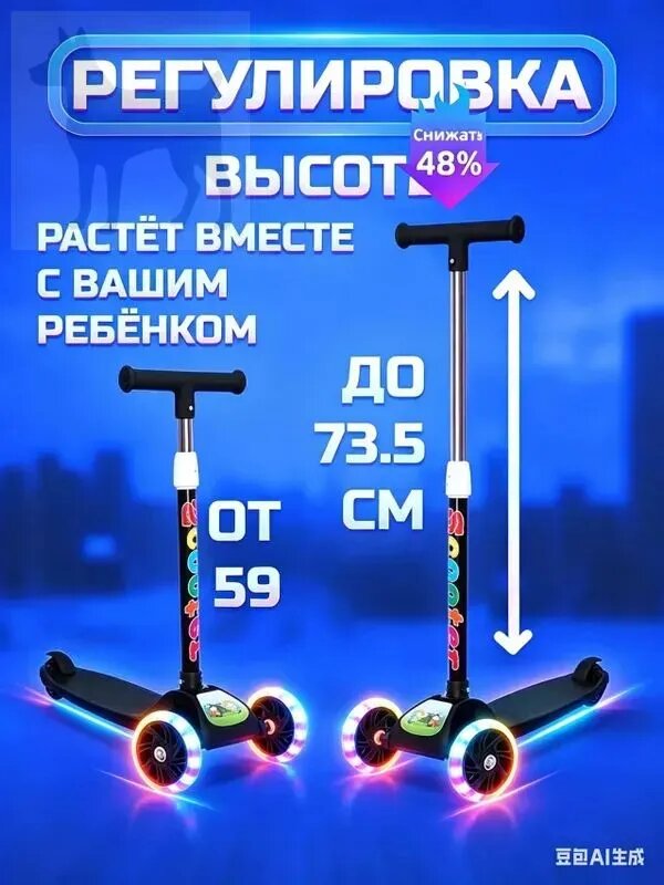 Трехколесный складной самокат для детей, черный, алюминий, ABEC 7, ручной тормоз, макс нагрузка 50 кг