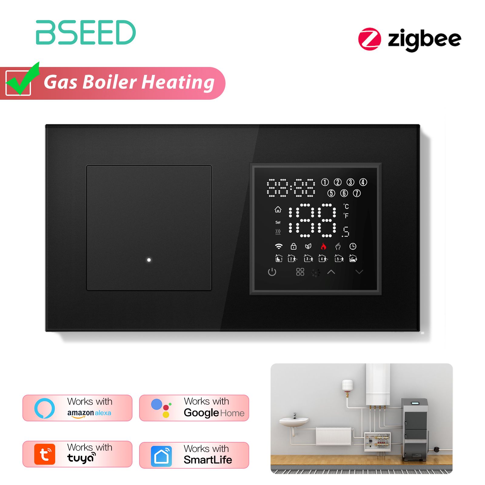 Выключатель с терморегулятором ZIGBEE с Алисой, 1 клавиша для теплого пола Отопление котлов, Серия E