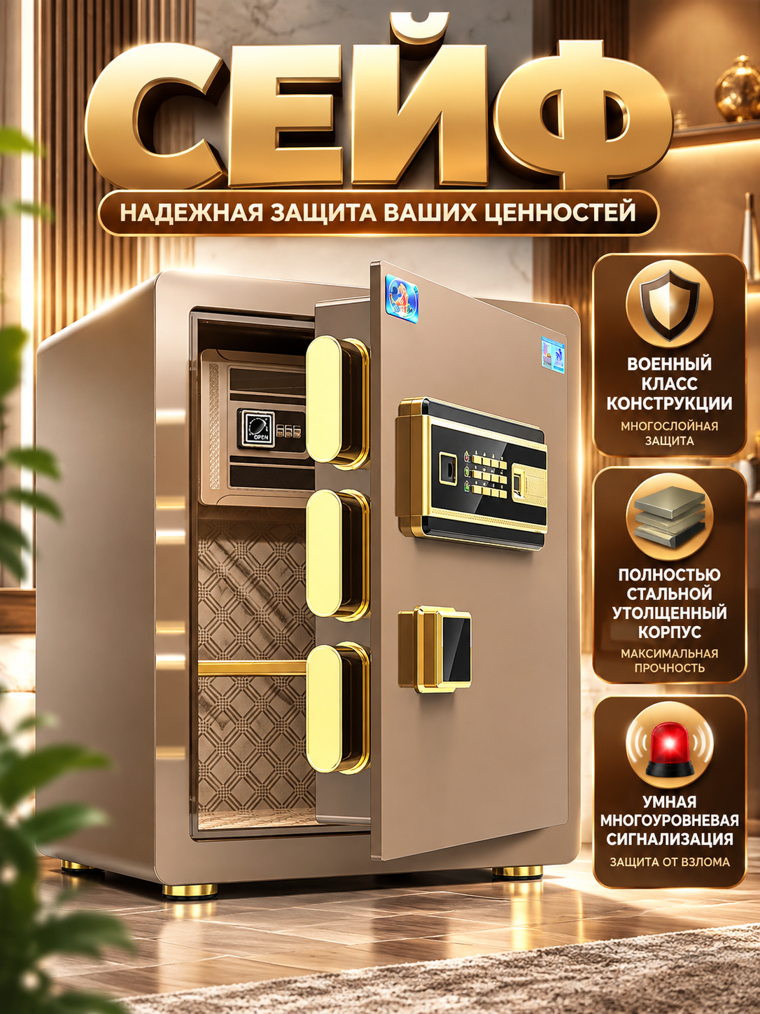 Ейф усиленный с прочными ригелями, скрытым отсеком и аварийным ключом для кабинета