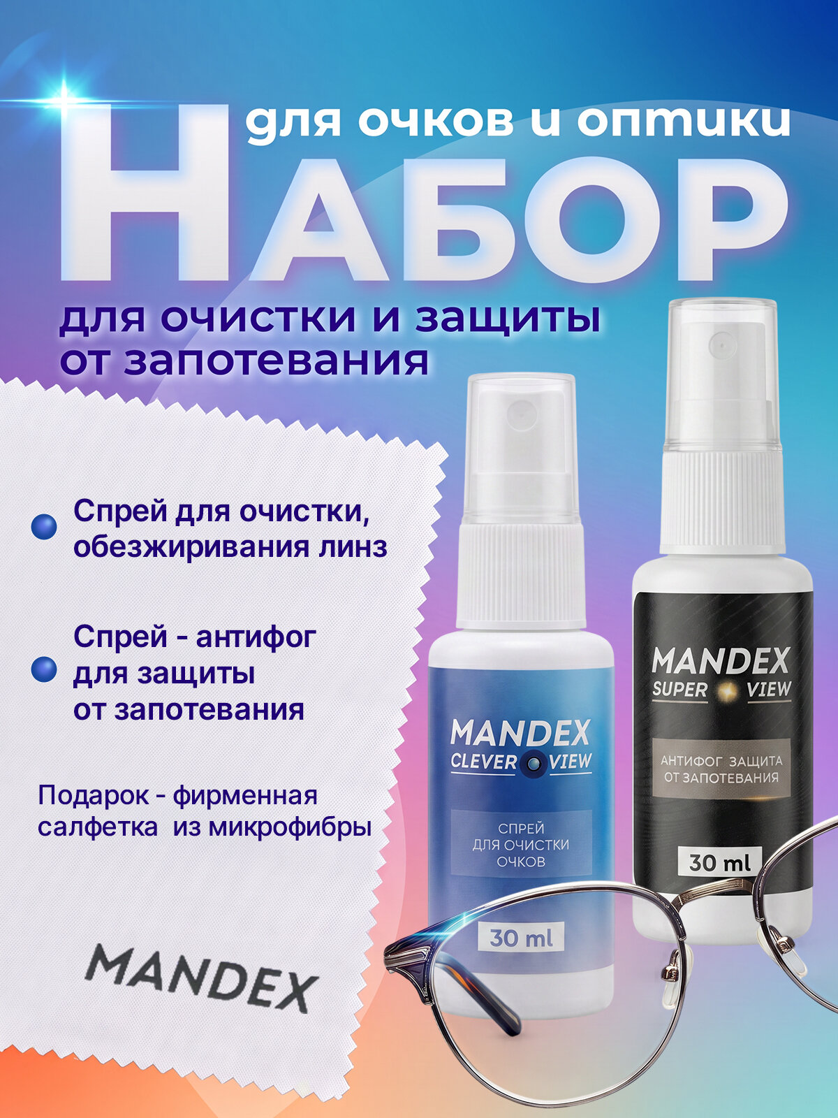 Набор спрей для очков и антифог от запотевания Mandex
