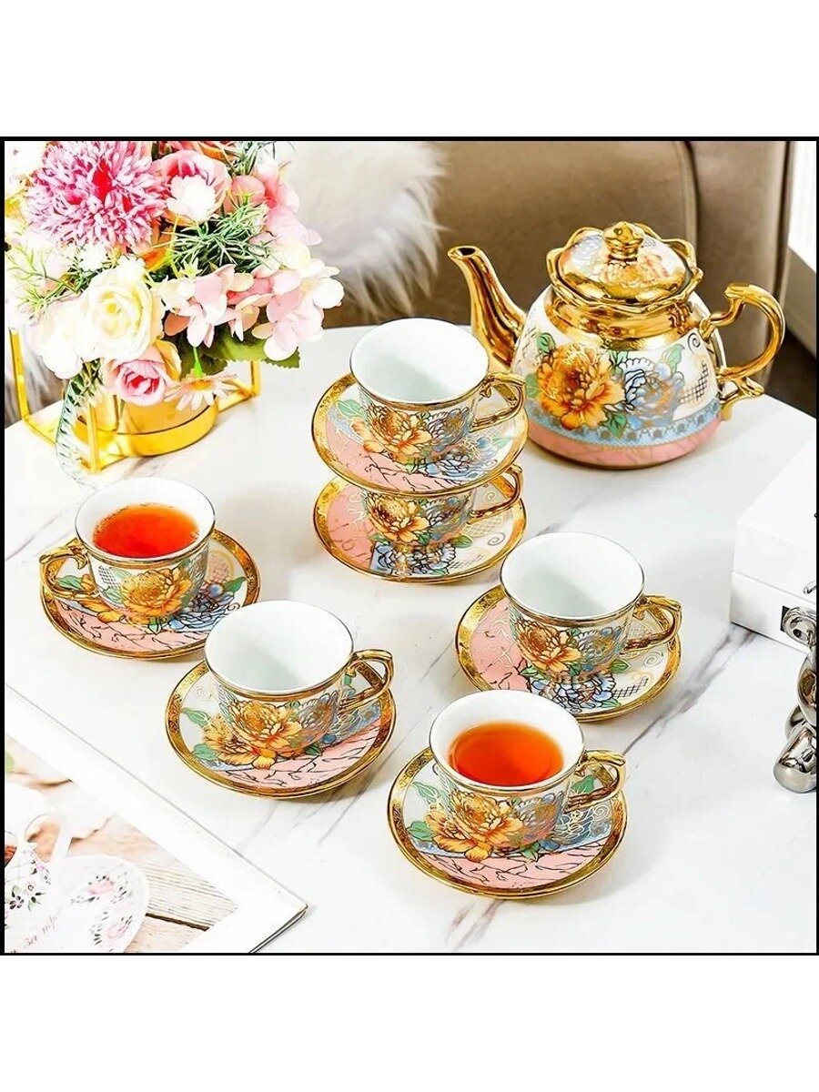 Чайный сервиз на 6 персон, 13 предметов, красный, на подставке