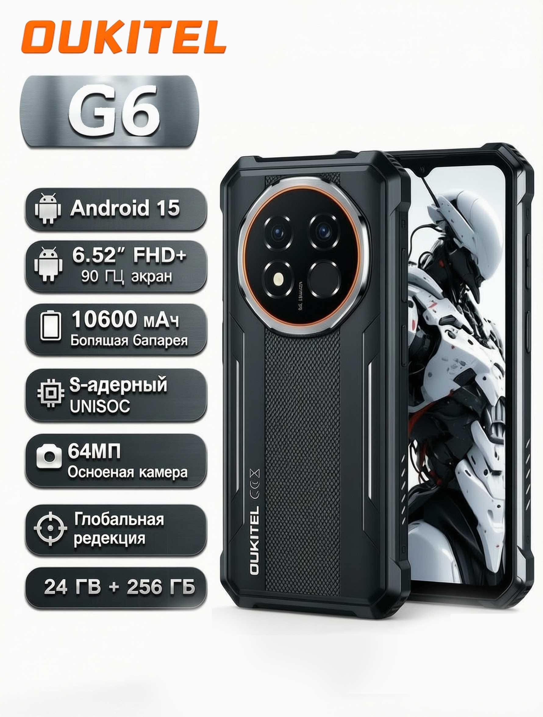 G6 Защищенный смартфон Android 16, NFC, 2 SIM, ОЗУ 24 ГБ (8+16), ПЗУ 256 ГБ, аккумулятор 10600 мАч,