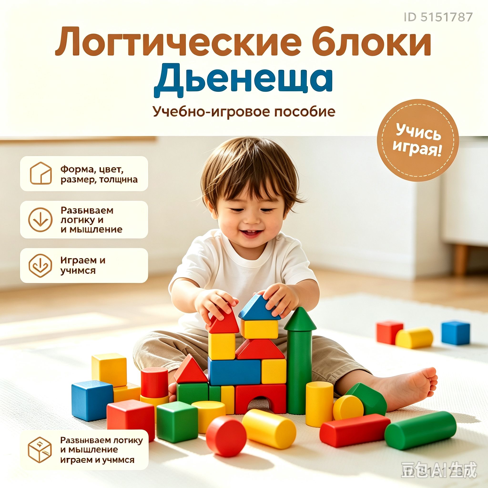 Обучающая игра Корвет "Логические блоки Дьенеша", учебно-игровое пособие, игры и упражнения с блоками, 56 фигур