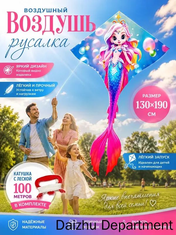 Воздушный змей для детей "Русалка-принцесса" летающая игрушка на улице девочек, лёгкий ветерок