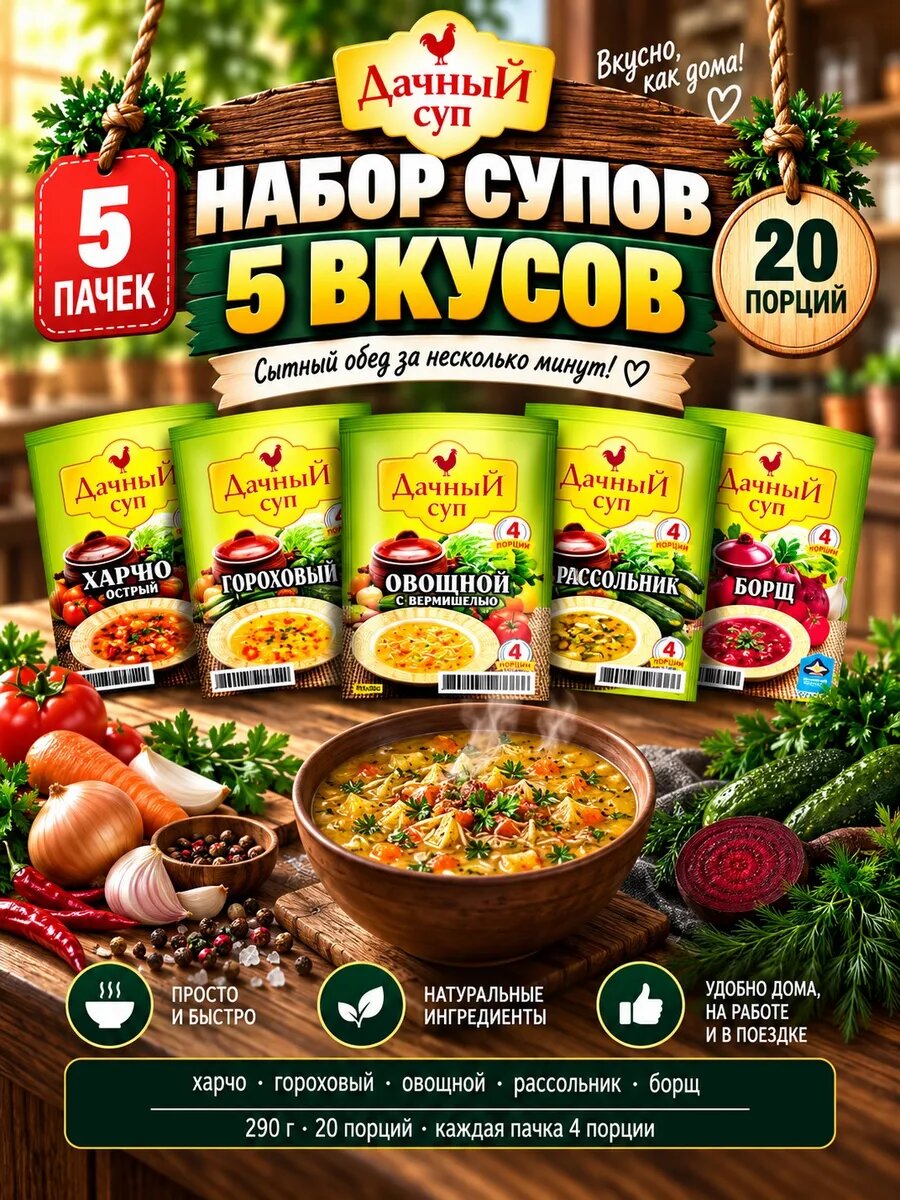 Набор супов 5 вкусов 290г харчо гороховый овощной рассольник