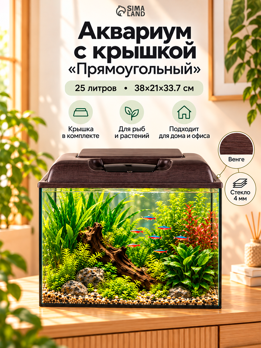 Аквариум с крышкой «Прямоугольный», 25 литров, 38×21×33.7 см, венге