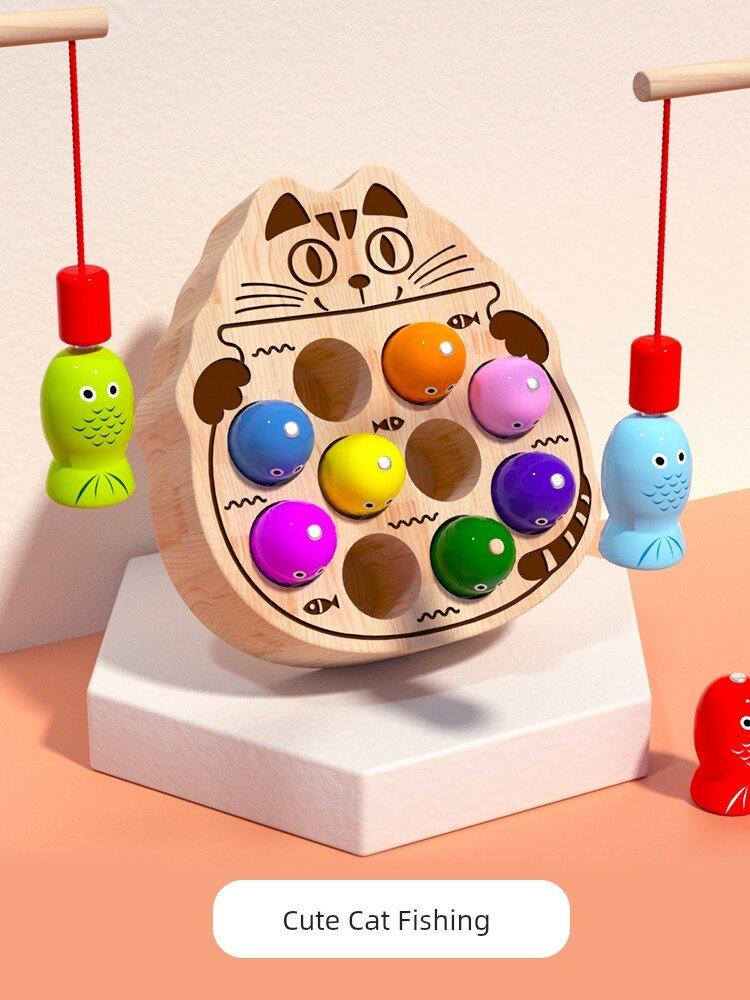 Деревянная магнитная рыболовная игра с милой кошечкой для малышей 1-2 лет, лазерная гравировка, без острых краев