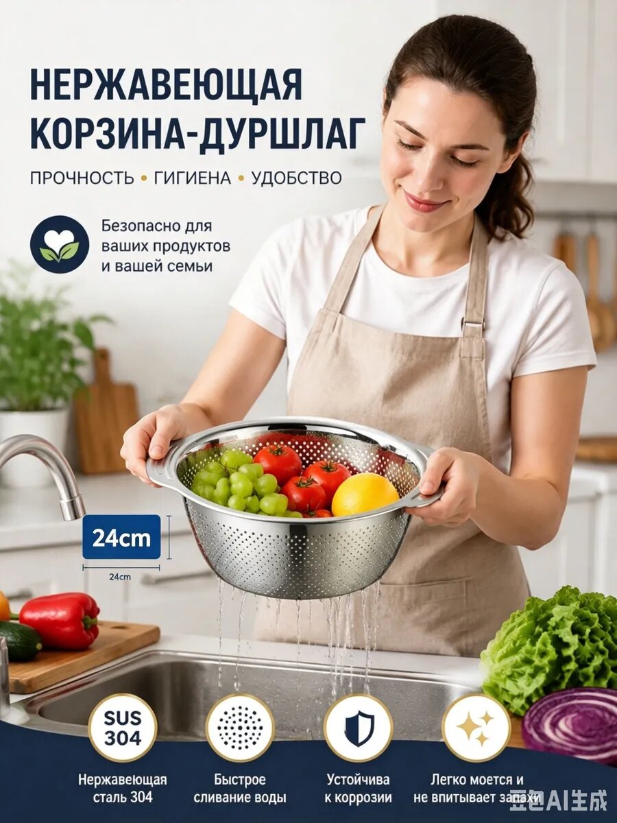 Дуршлаг, диаметр 24 см, 1 л, 1 предм, Артикул: 5688315650, Материал: Нержавеющая сталь