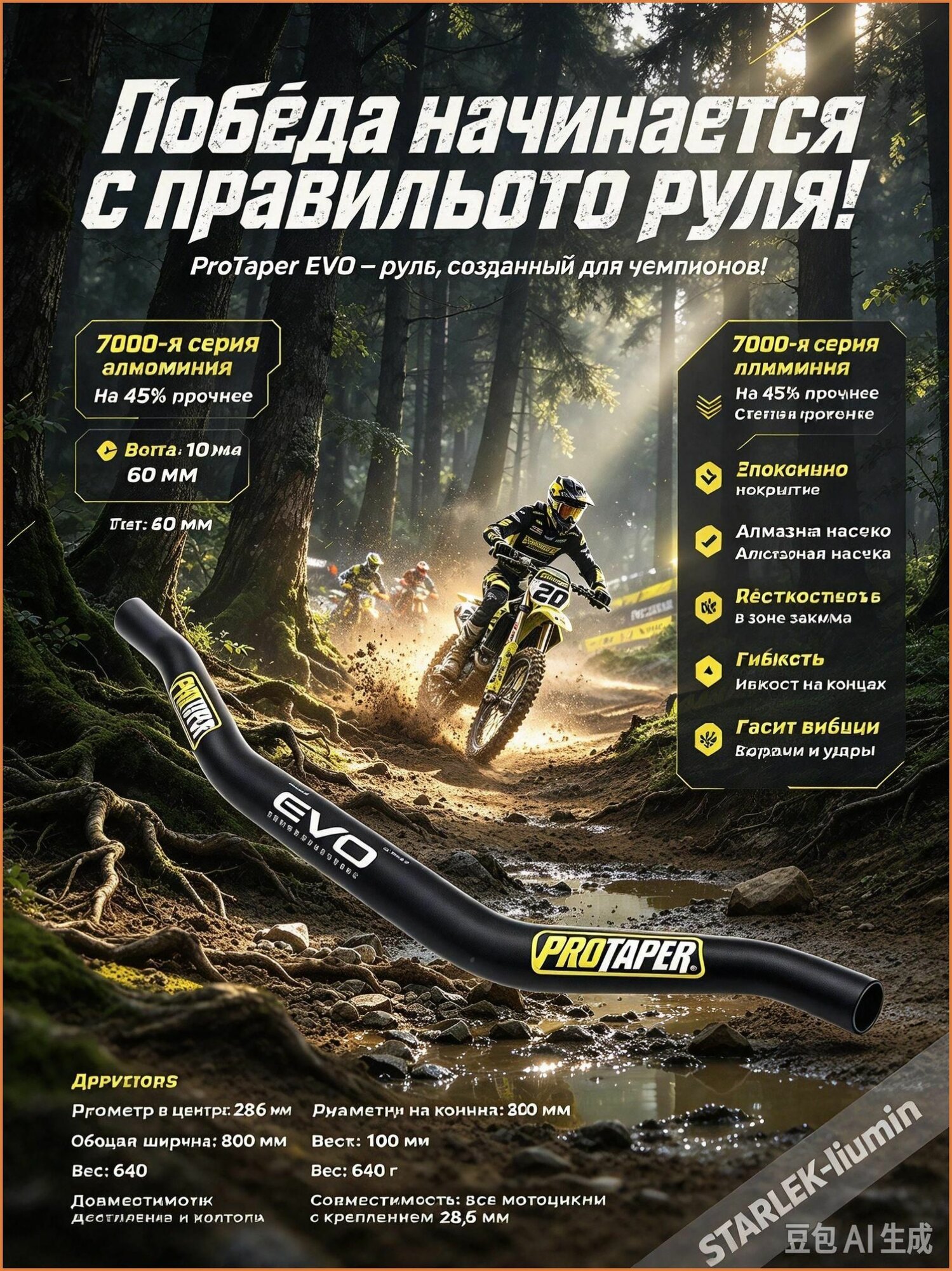 РуЛь мотоцикла ProTaper EVO 28 мм с алмазной насечкой, стильный чёрный руль для тюнинга эндуро и питбайка, 800 мм