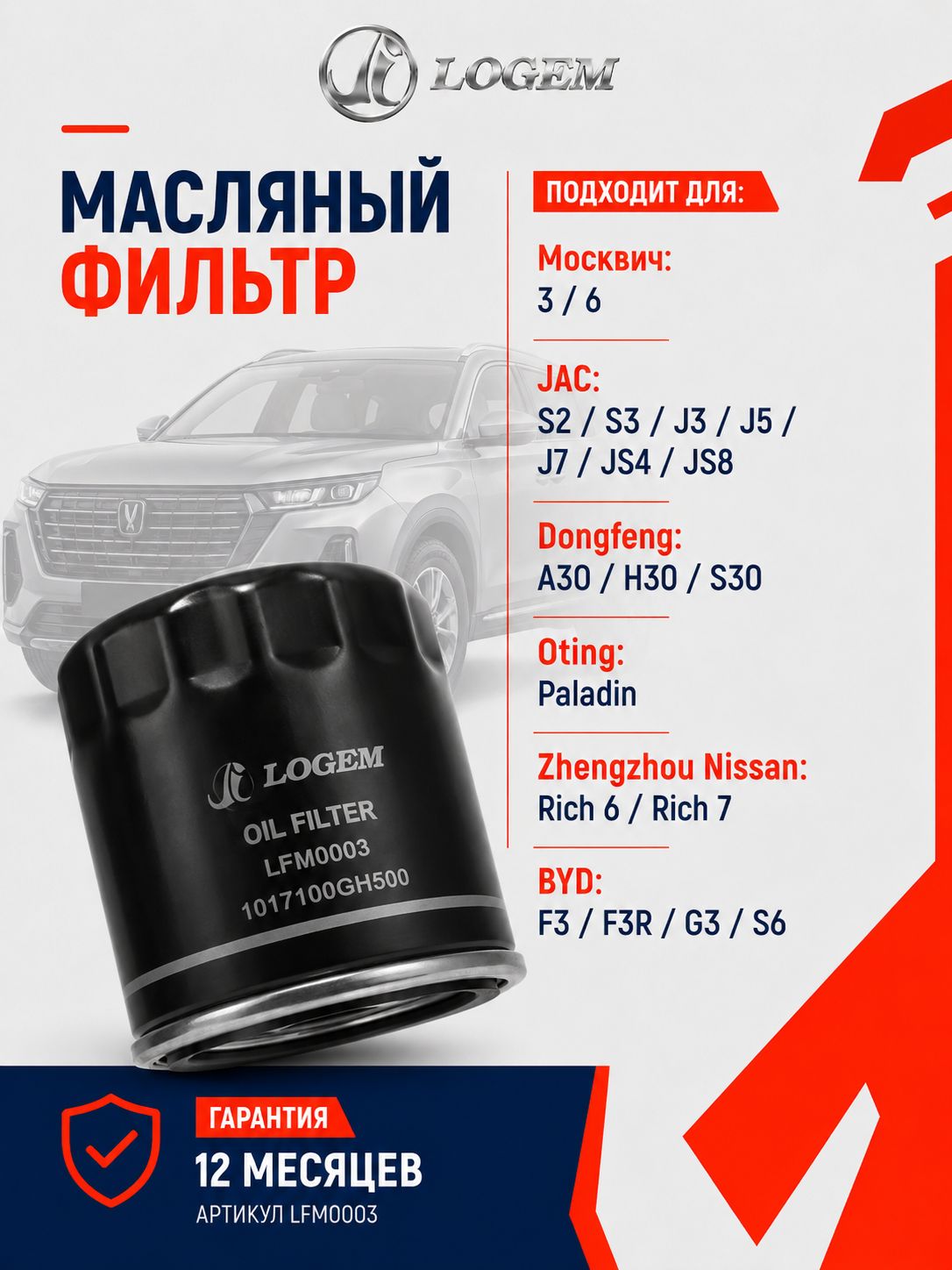 Фильтр масляный Logem для Москвич 3/6, Dongfeng A30/H30/S30, BYD F3/F3R/G3/S6 OEM 1017100GG010; 1017100GH500; 1017110GG010