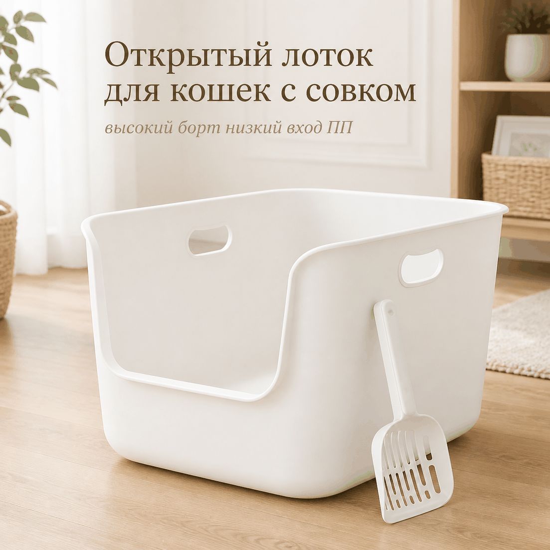 Открытый лоток для кошек 57 37 35 см с совком, высокий борт, низкий вход, ПП