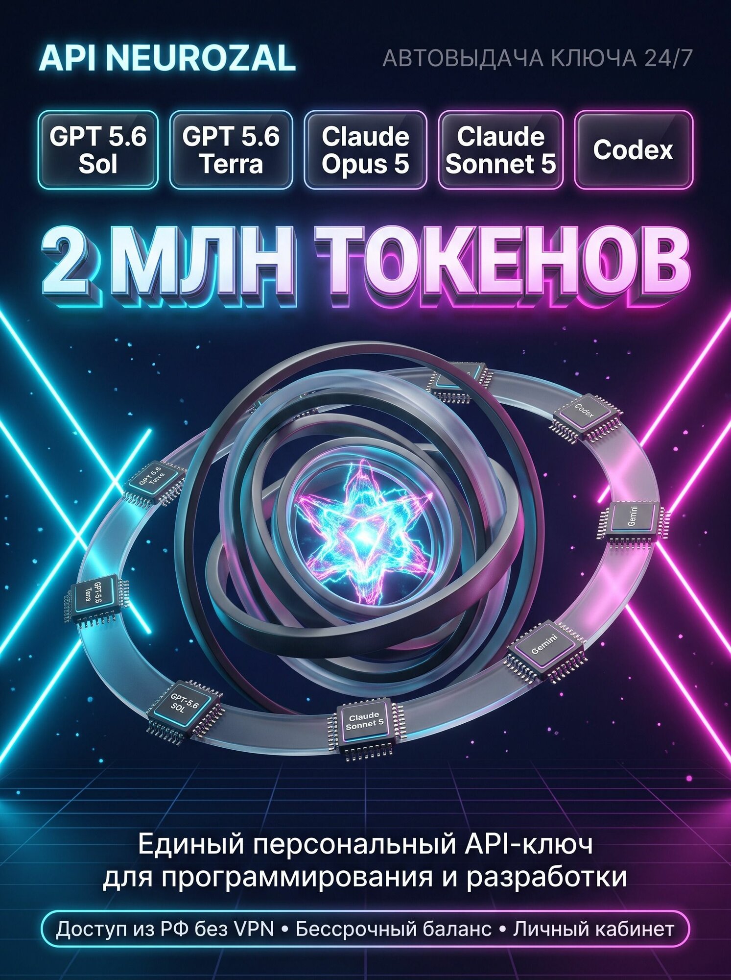 API-ключ 2 млн токенов для GPT-6 Astra, GPT-6.1 Sol, Claude Opus/Sonnet 5.5, Gemini, Grok, API ключ на все модели.