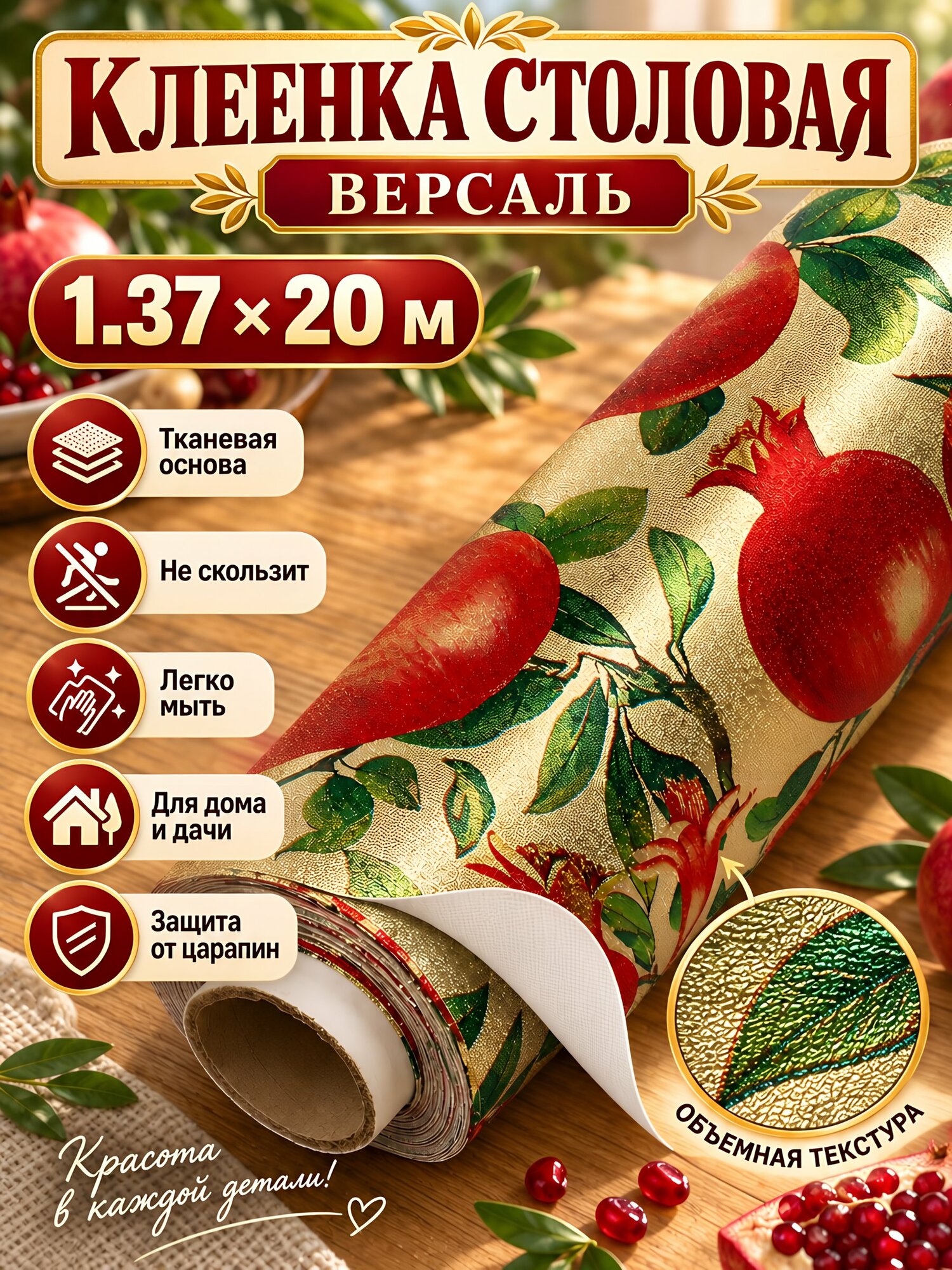 Клеенка Версаль 1.37х20 м, ПВХ на тканевой основе, золотая с фруктовым рисунком, 4751EJ