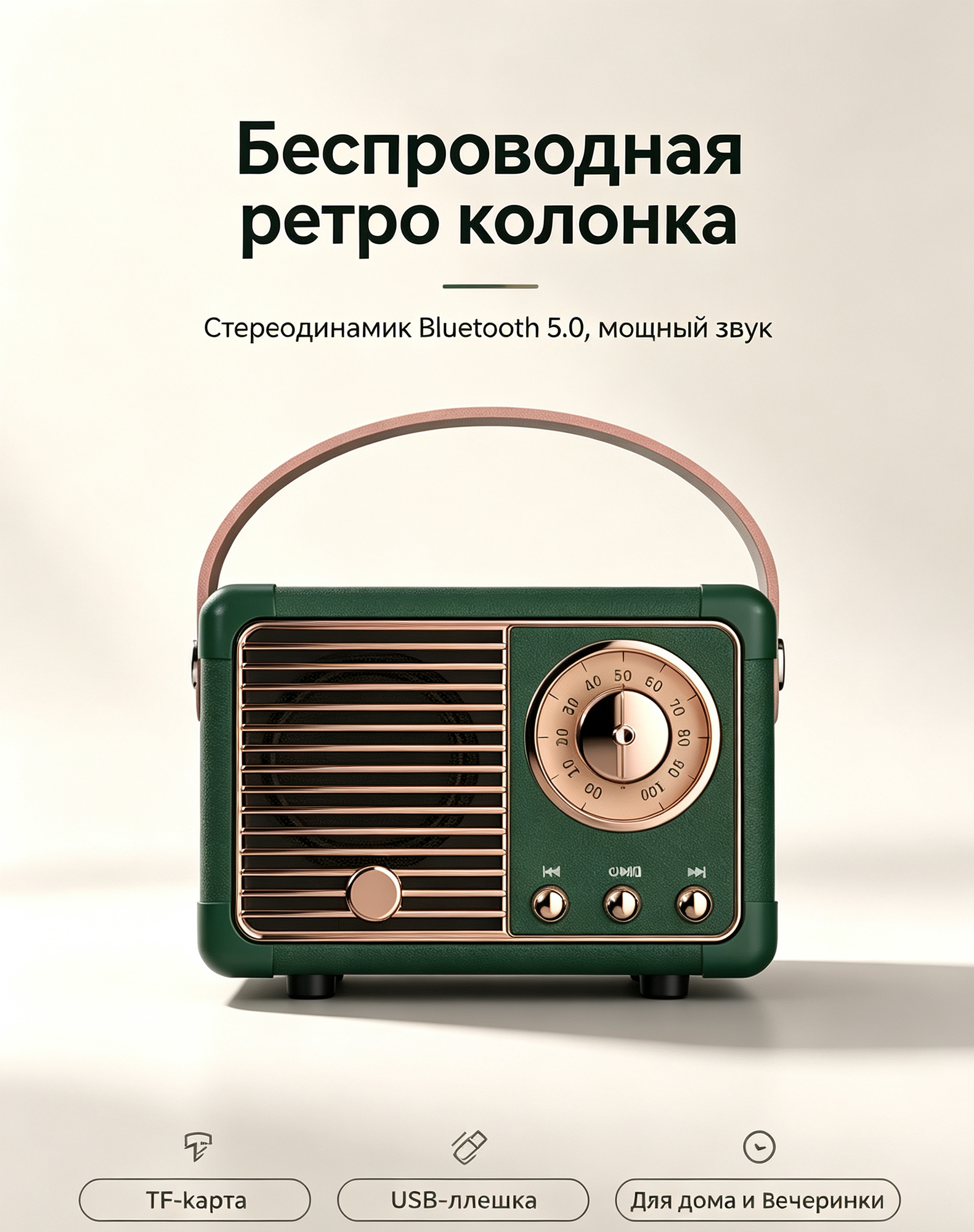 Портативная колонка в ретро стиле Bluetooth 5.0, поддержка TF и USB