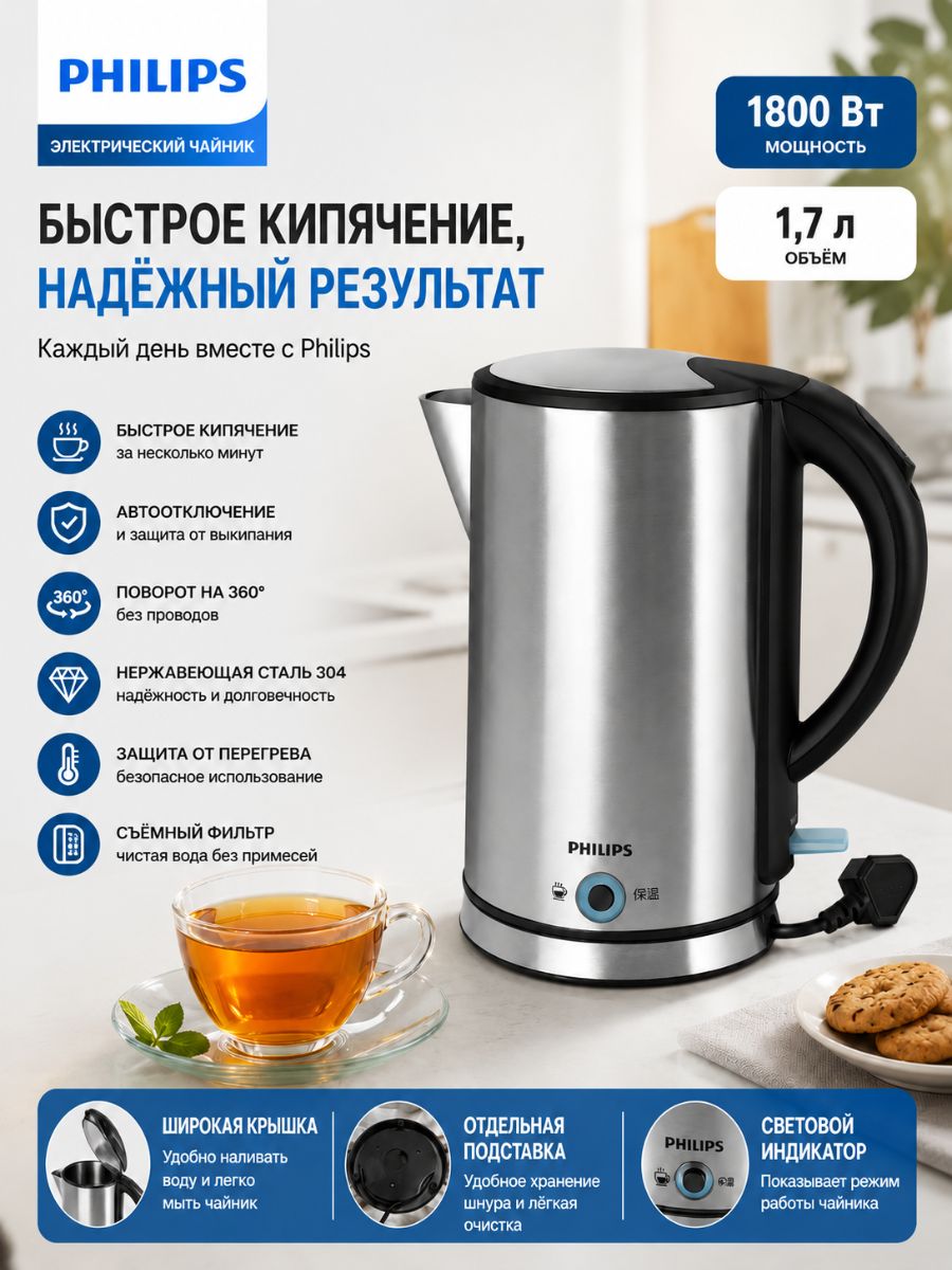 Philips Электрический чайник PHPHD9, серебристый