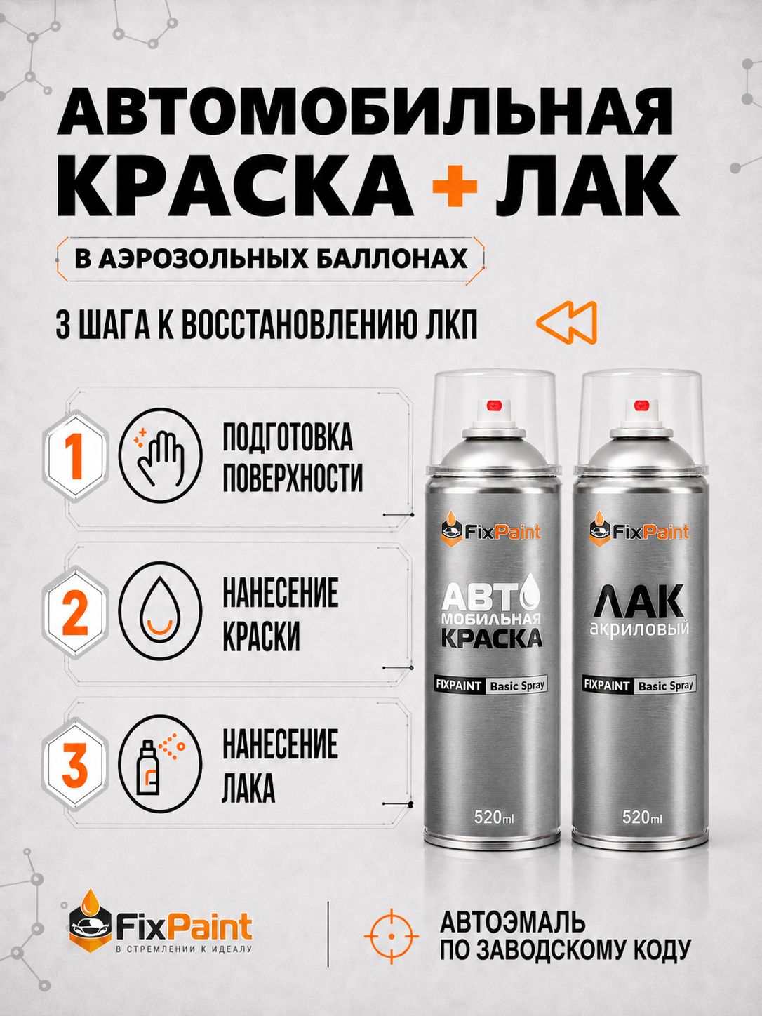 Краска и лак для SMART FORTWO, код C8L, CC8L, DARK GREY, автомобильная эмаль базовая и акриловый глянцевый лак FixPaint в аэрозольных баллонах 520 мл