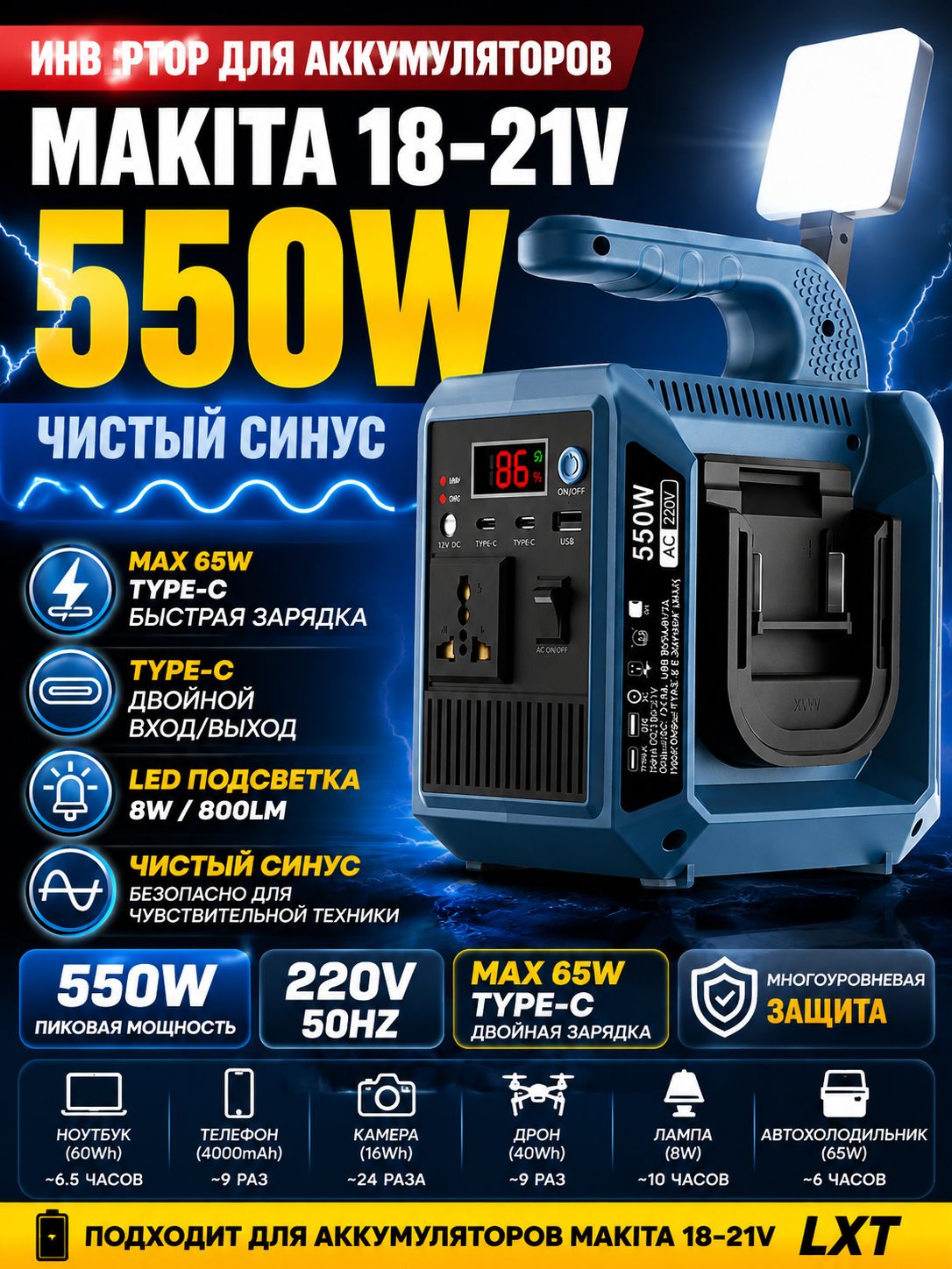 Подходит для литиевой батареи Makita 18-21 В, чистого синусоидального инвертора мощностью 550 Вт, наружного портативного инструмента