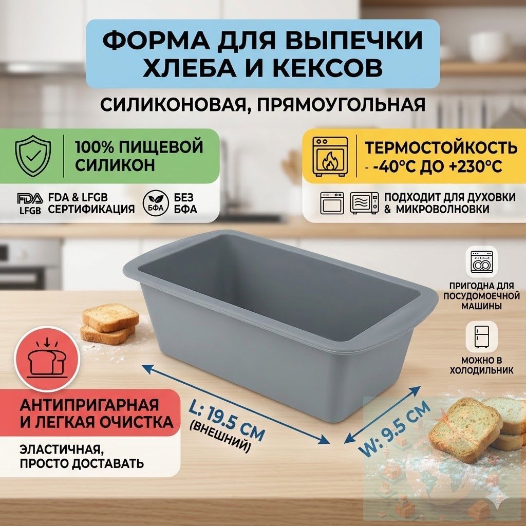 Форма для выпечки 9.5 см x 19.5 см 1 шт силикон прямоугольная антипригарное покрытие серый