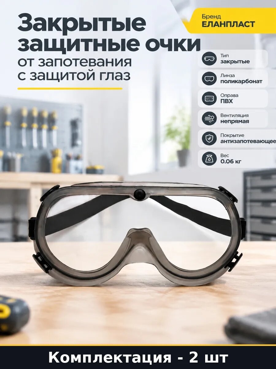 Набор 2 шт Очки защитные закрытые прозрачные от запотевания