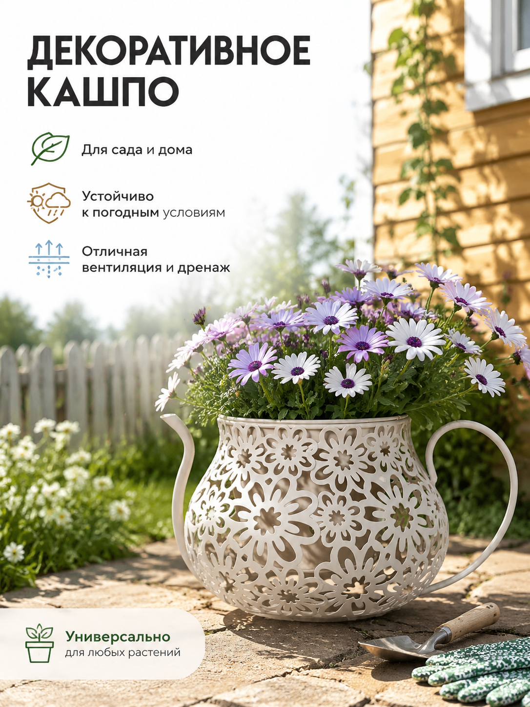 Металлическое кашпо-чайник, белый, ажурное, для суккулентов и цветов