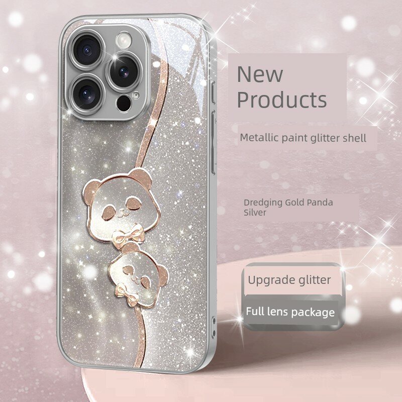 Чехол для iPhone 13 Pro Max с металлическим покрытием камеры и пандой, серебристый