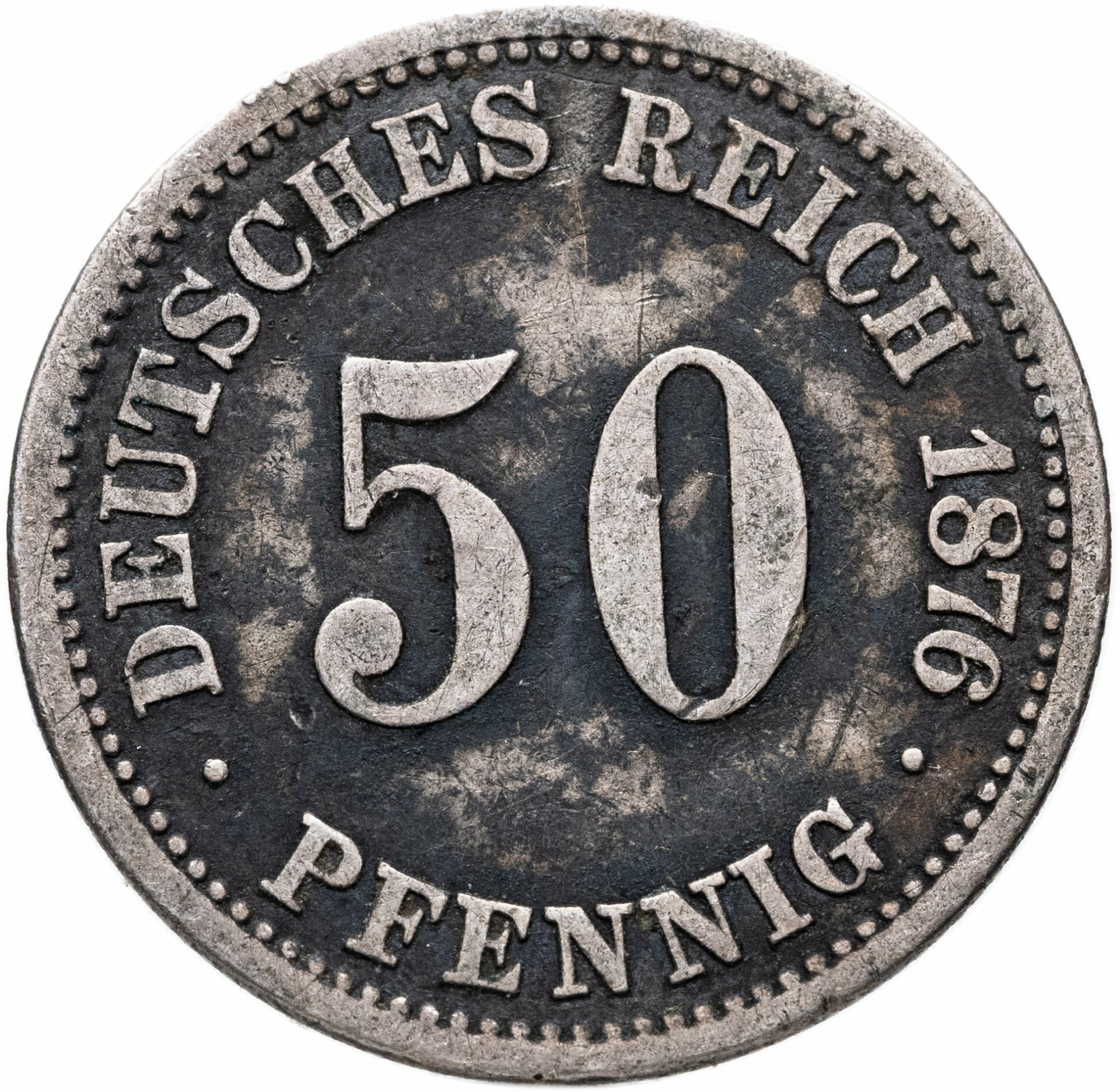 Германия 50 пфеннигов pfennig 1876, знак монетного двора: "A" - Берлин, Серебро 900, в сохранности F