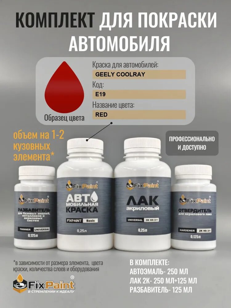 Комплект для покраски GEELY COOLRAY, код E19, RED, базовая автомобильная краска 250 мл, лак 2K 250 мл с отвердителем, разбавитель 125 мл, FixPaint Pro