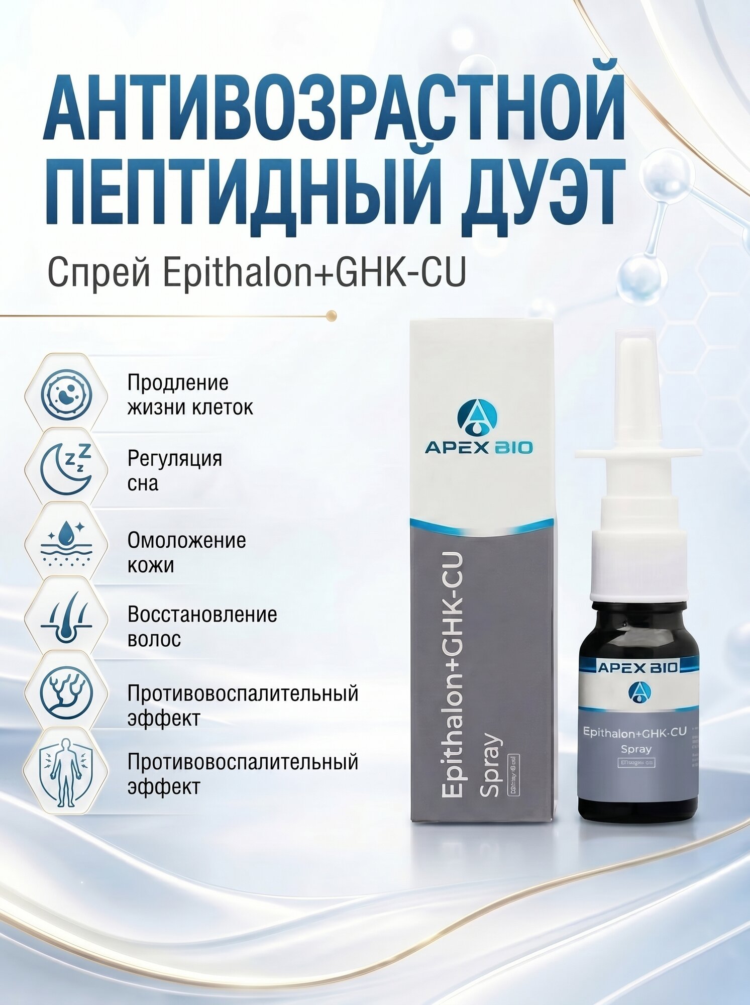 Пептид Epithalon + GHK-CU 110 мг/10 мл (Эпиталон + Трипептид меди) Copper Tripeptide для регенерации кожи
