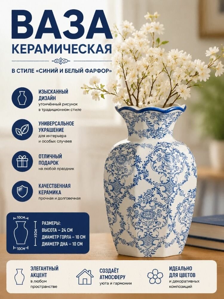 Голубой и белый фарфор, диаметр 10х10см, высота 24см
