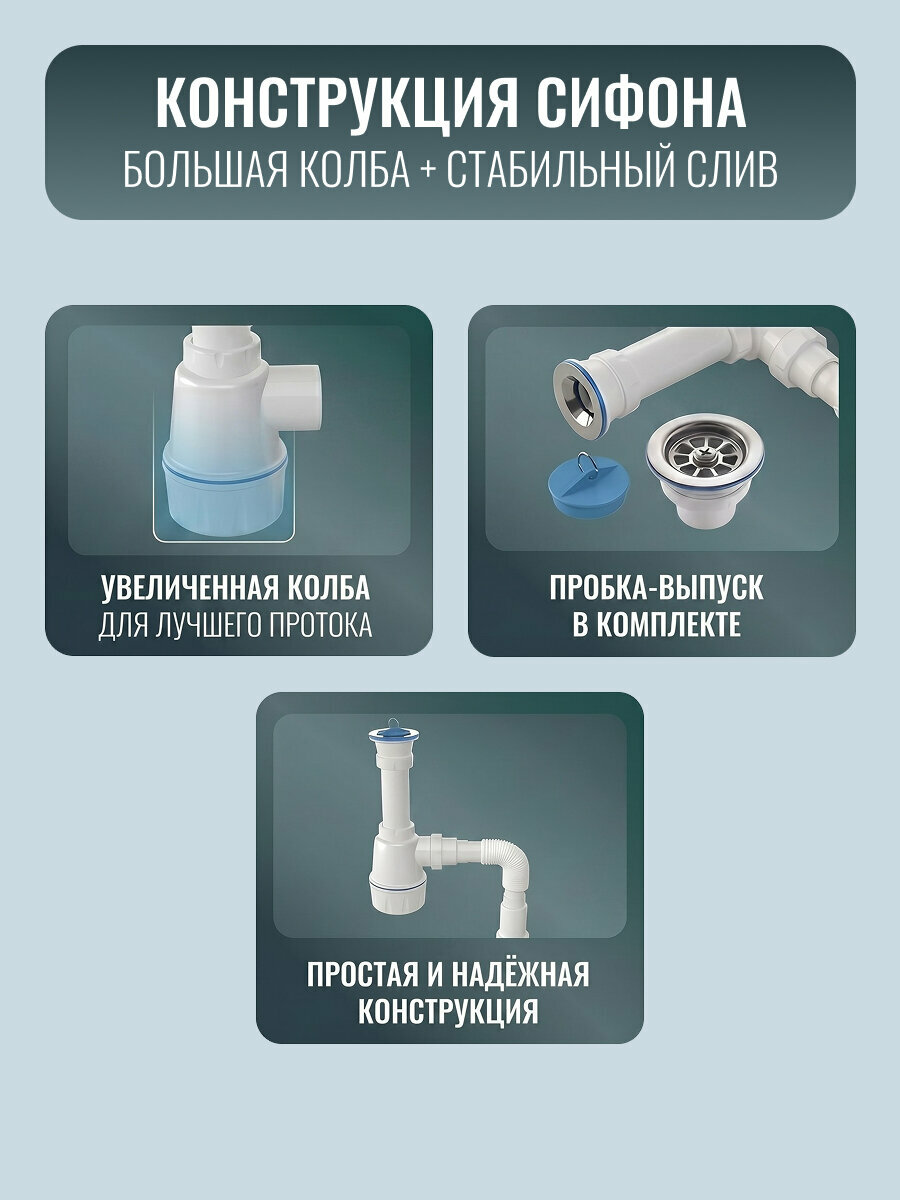 Сифон для кухни ZEGOR М106-0, мойки с выпуском 70 мм, длина винта 30 мм, нержавеющая сталь, полипропилен, белый — фото 1