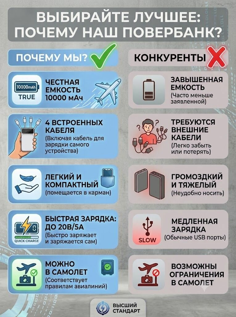 Повербанк 10000mah / с проводами и фонариком