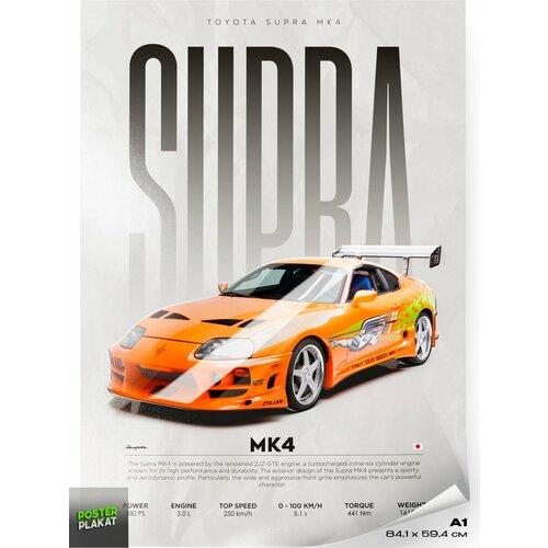 Постер на стену с машинами, Toyota Supra MK4, японский авто Тойота Супра, для интерьера, А1 (85 х 60 см), Постер Плакат