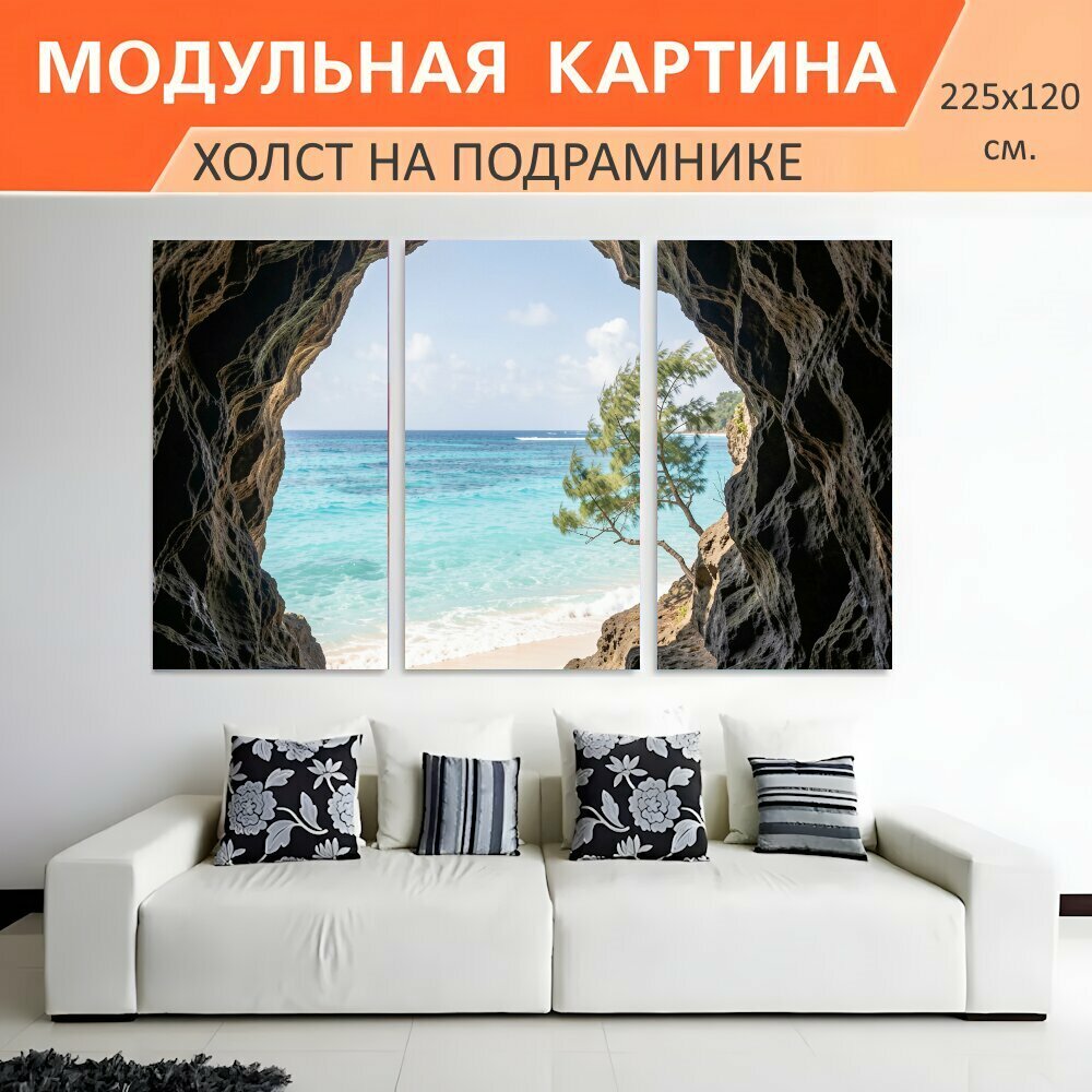 Модульная картина на холсте "Тропический берег из пещеры. Вид из темного грота на бирюзовое море, белый песчаный пляж и скалы с." триптих на подрамнике 225х120 см. для интерьера