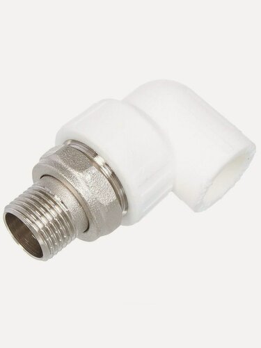 Изображение товара Уголок разъемный полипропилен РосТурПласт d20х3/4 дюйма с наружной резьбой для радиатора отопления, белый, 25 бар