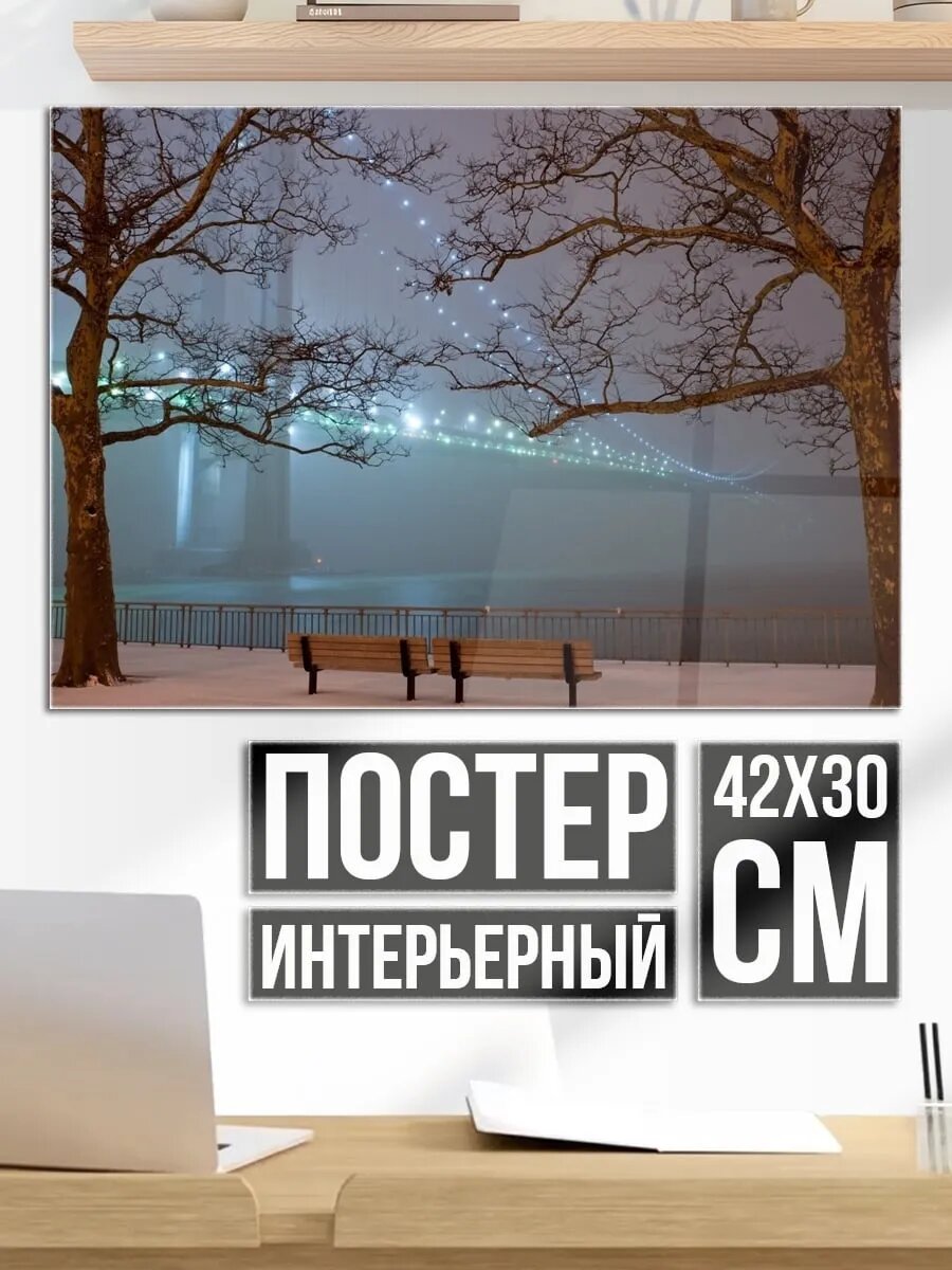 Плакат постер Зимний вечер у моста