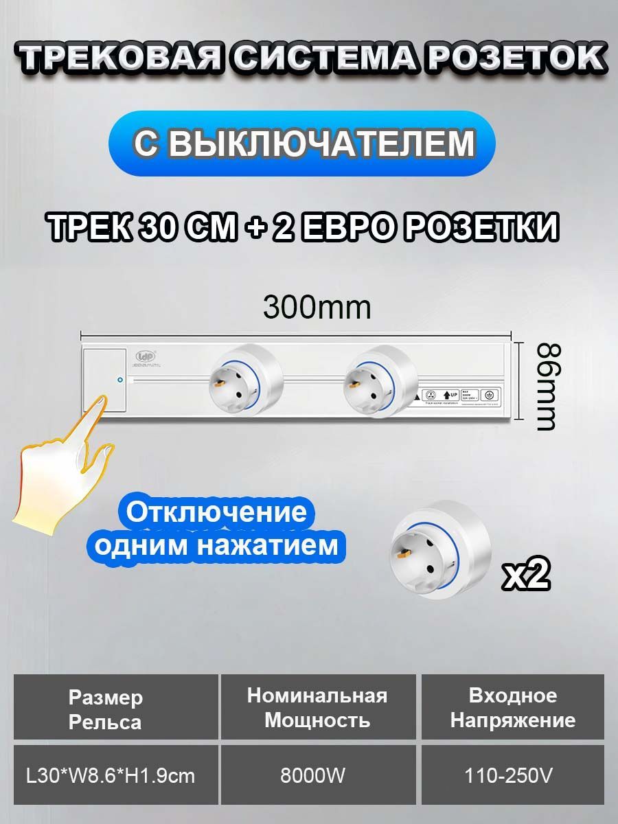 Накладная сменная трековая розетка с выключателем, трек 30см + 2 евро розетки, белый