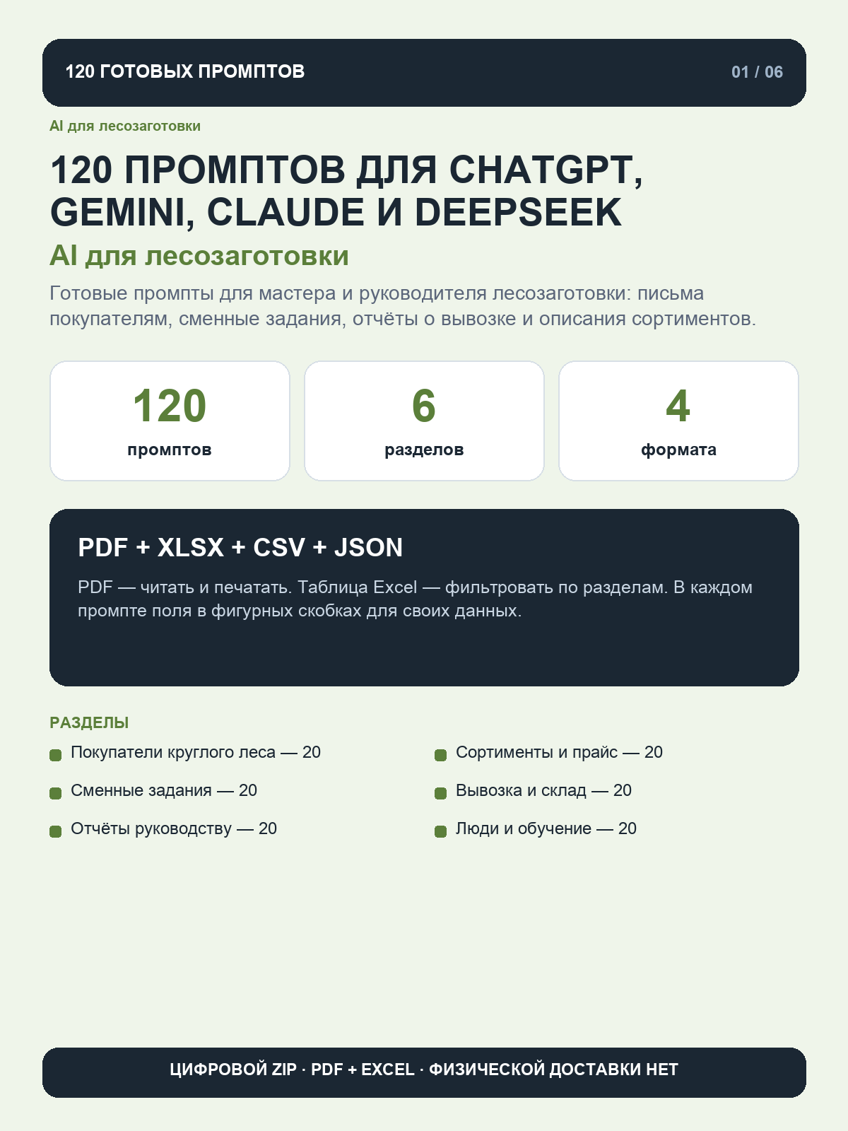 AI для лесозаготовки: 120 промптов для ChatGPT, Gemini, Claude и DeepSeek, цифровая книга PDF A4