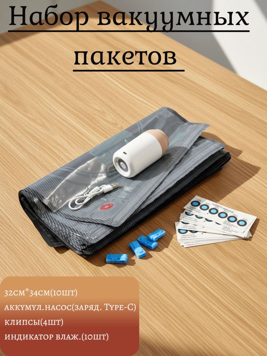 Набор вакуумных пакетов 32см*34см (10шт), аккумуляторный насос (зарядка Type-C), клипсы (4шт), индикатор влажности (10шт), вес 370гр
