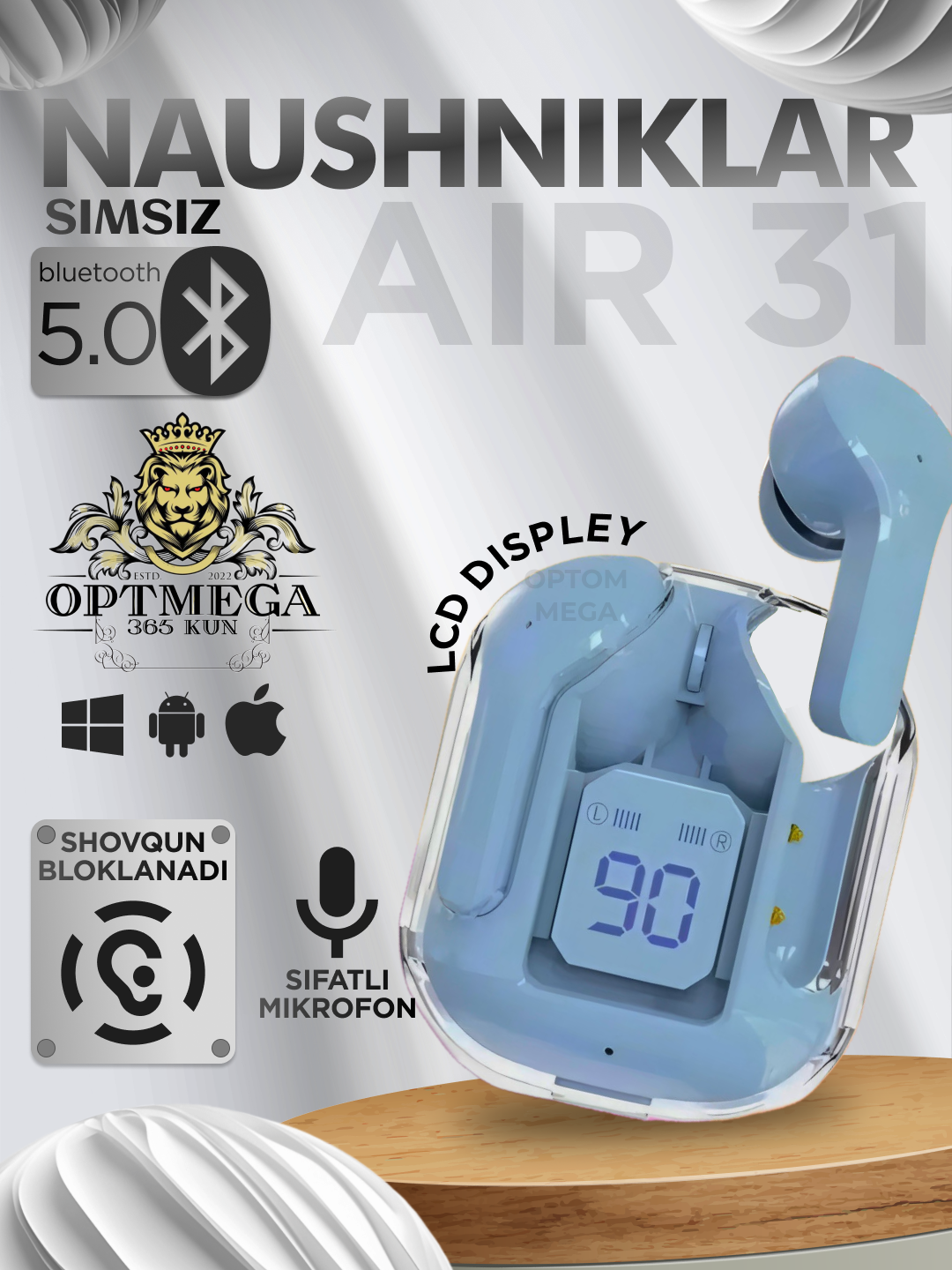 Беспроводные наушники Airpods Air 31, с дисплеем, микрофоном и шумоподавлением