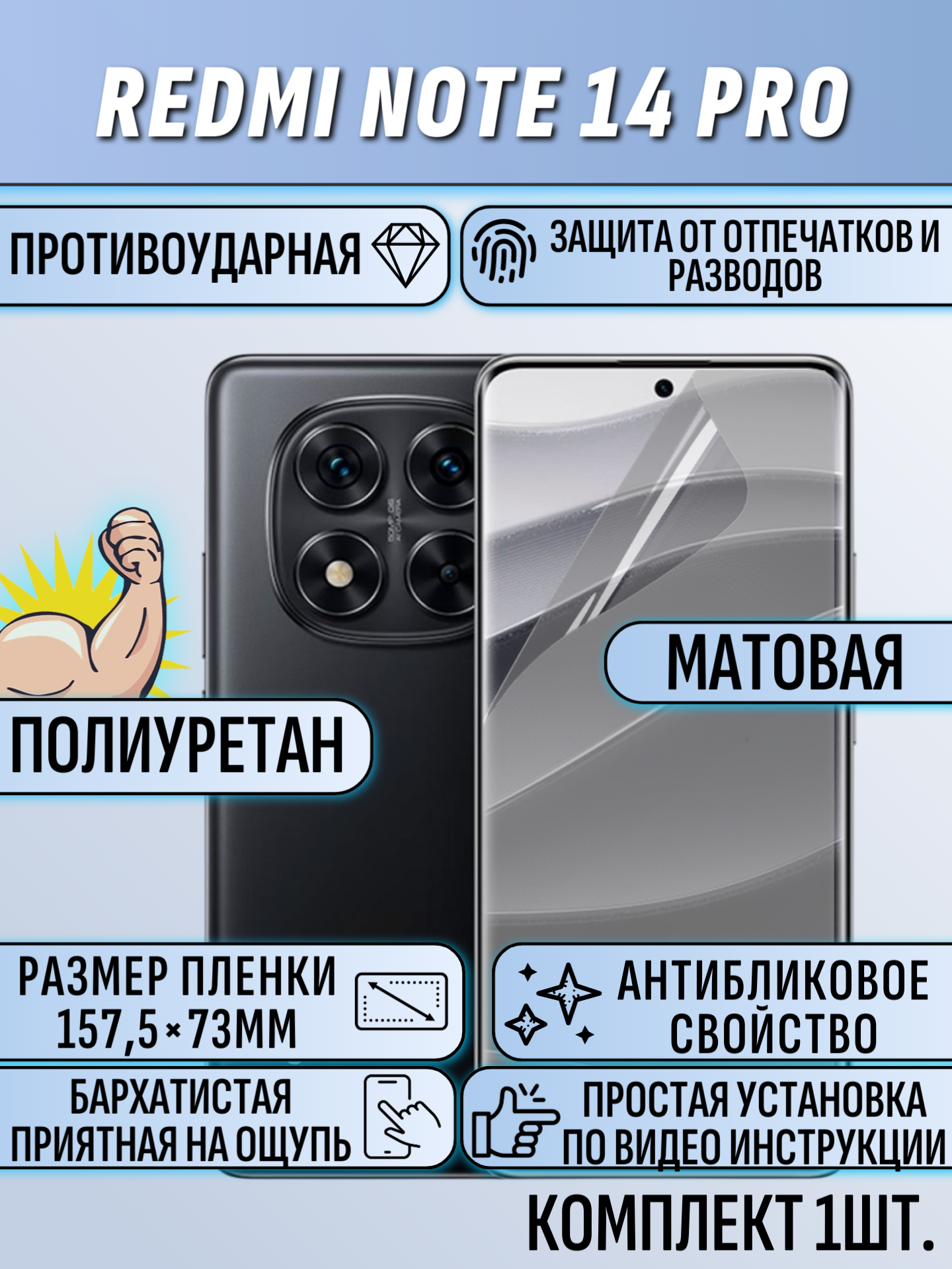 Гидрогелевая пленка для Redmi Note 14 Pro матовая 1 шт. в комплекте