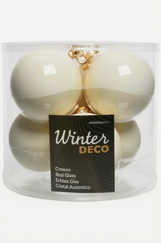 Изображение товара Набор стеклянных шаров матовых и эмалевых, цвет: белый, 80 мм, упаковка 6 шт, Winter Deco 140392