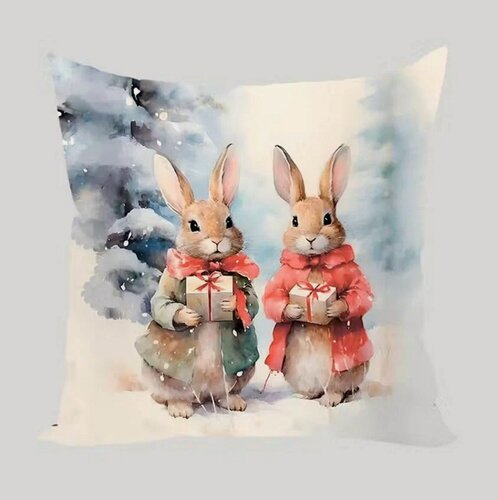 Изображение товара Подушка декоративная Зайки и рождественские подарки 30х30 велюр