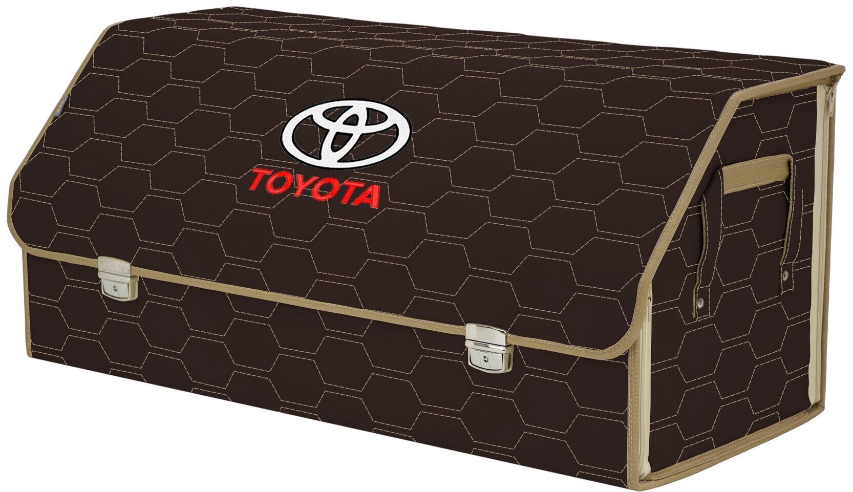 Органайзер-саквояж в багажник "Союз Премиум" (размер XXL). Цвет: коричневый с бежевой прострочкой Соты и вышивкой Toyota (Тойота).